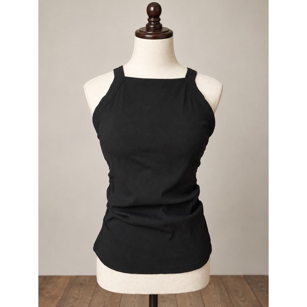 OGL Move Plantive Black Ribbed Ruched Side Square Neck Tank Top Large NEW